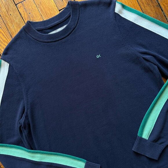 OuterKnown Organic Cotton Crew Neck Knit Sweater Men Small Blue White Green - Picture 2 of 6